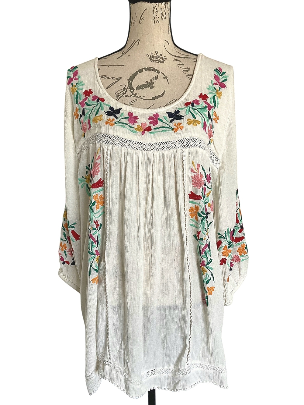 Roaman's Cream Embroidered Floral Peasant Blouse